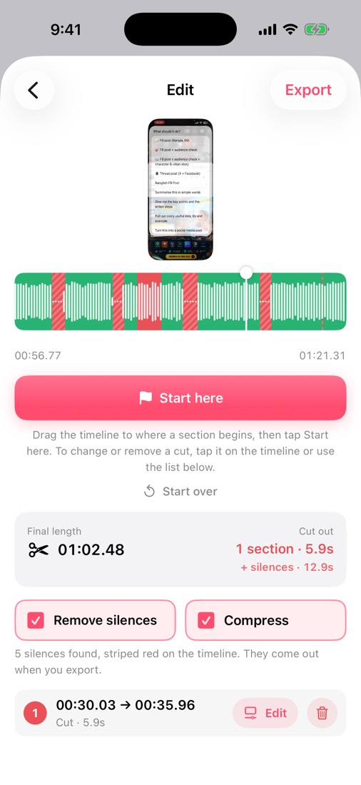 FlowCast editor with Remove silences and Compress ticked