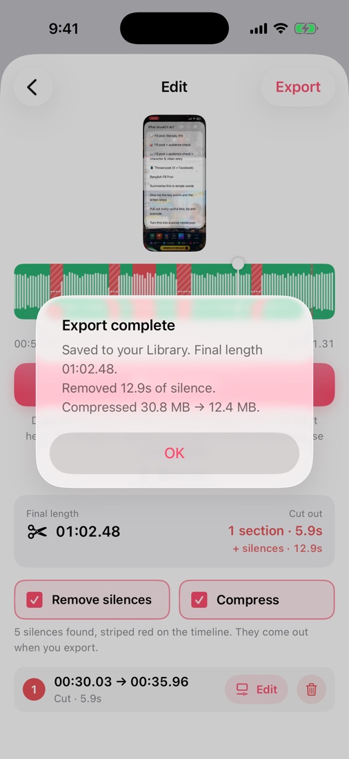 Export complete message